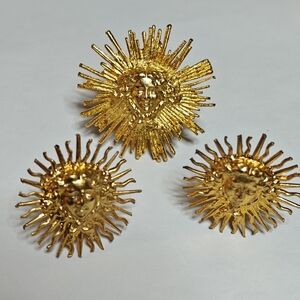 Vintage French Louis XVI Gold Sunburst Brooch & Earrings Set